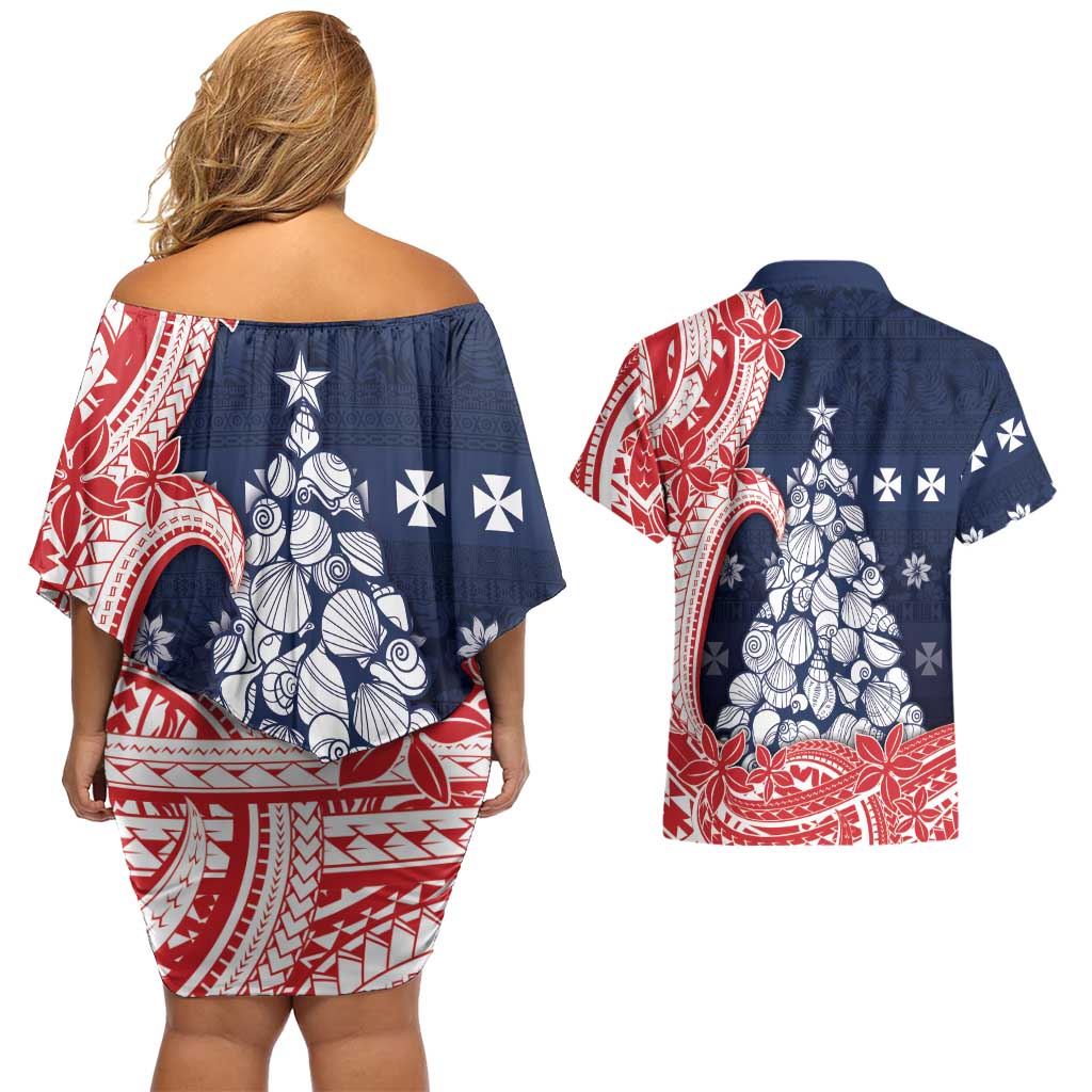 Wallis And Futuna Christmas Couples Matching Off Shoulder Short Dress and Hawaiian Shirt Seashell Xmas Tree Tribal Waves DT05 - Polynesian Pride