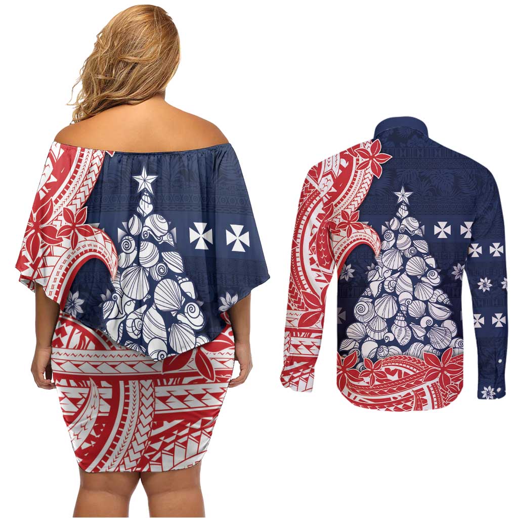 Wallis And Futuna Christmas Couples Matching Off Shoulder Short Dress and Long Sleeve Button Shirt Seashell Xmas Tree Tribal Waves DT05 - Polynesian Pride