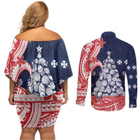 Wallis And Futuna Christmas Couples Matching Off Shoulder Short Dress and Long Sleeve Button Shirt Seashell Xmas Tree Tribal Waves DT05 - Polynesian Pride