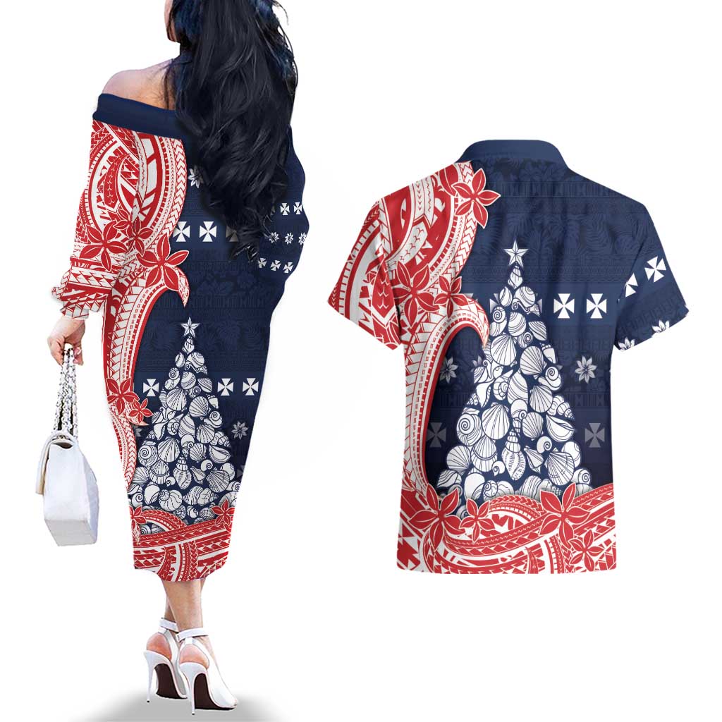 Wallis And Futuna Christmas Couples Matching Off The Shoulder Long Sleeve Dress and Hawaiian Shirt Seashell Xmas Tree Tribal Waves DT05 - Polynesian Pride