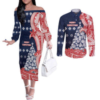 Wallis And Futuna Christmas Couples Matching Off The Shoulder Long Sleeve Dress and Long Sleeve Button Shirt Seashell Xmas Tree Tribal Waves DT05 Navy - Polynesian Pride