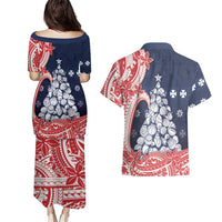 Wallis And Futuna Christmas Couples Matching Puletasi and Hawaiian Shirt Seashell Xmas Tree Tribal Waves DT05 - Polynesian Pride