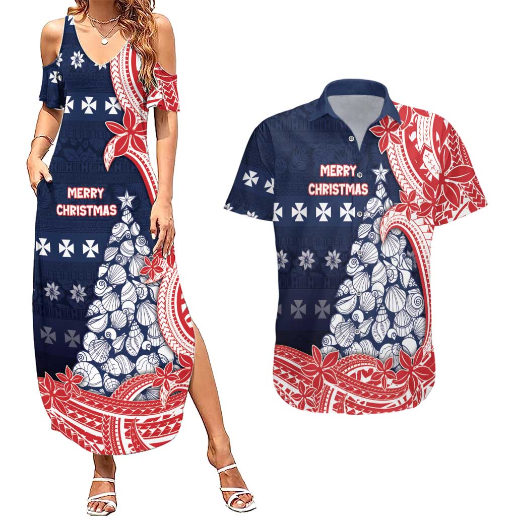 Wallis And Futuna Christmas Couples Matching Summer Maxi Dress and Hawaiian Shirt Seashell Xmas Tree Tribal Waves DT05 Navy - Polynesian Pride