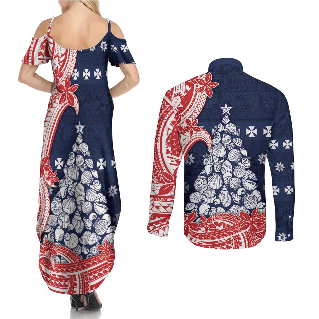 Wallis And Futuna Christmas Couples Matching Summer Maxi Dress and Long Sleeve Button Shirt Seashell Xmas Tree Tribal Waves DT05 - Polynesian Pride