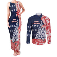 Wallis And Futuna Christmas Couples Matching Tank Maxi Dress and Long Sleeve Button Shirt Seashell Xmas Tree Tribal Waves DT05 Navy - Polynesian Pride