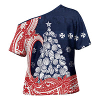 Wallis And Futuna Christmas Cross Shoulder Shirt Seashell Xmas Tree Tribal Waves - Polynesian Pride