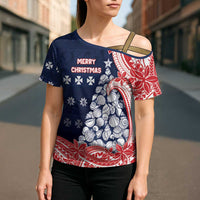 Wallis And Futuna Christmas Cross Shoulder Shirt Seashell Xmas Tree Tribal Waves - Polynesian Pride