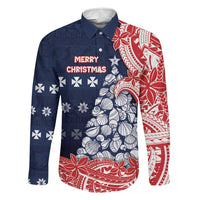Wallis And Futuna Christmas Family Matching Mermaid Dress and Hawaiian Shirt Seashell Xmas Tree Tribal Waves DT05 Dad's Shirt - Long Sleeve Navy - Polynesian Pride