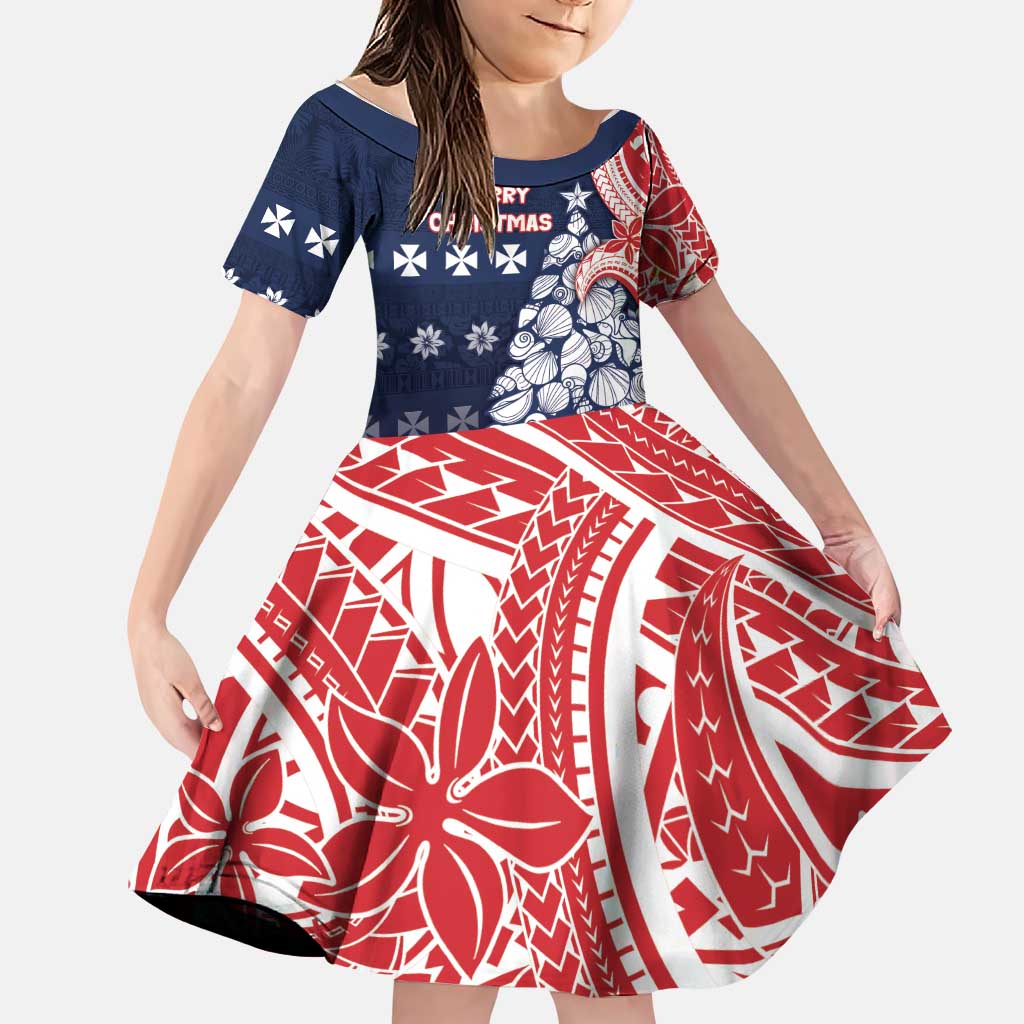 Wallis And Futuna Christmas Family Matching Off Shoulder Short Dress and Hawaiian Shirt Seashell Xmas Tree Tribal Waves DT05 Daughter's Dress Navy - Polynesian Pride
