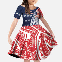 Wallis And Futuna Christmas Family Matching Off Shoulder Short Dress and Hawaiian Shirt Seashell Xmas Tree Tribal Waves DT05 Daughter's Dress Navy - Polynesian Pride