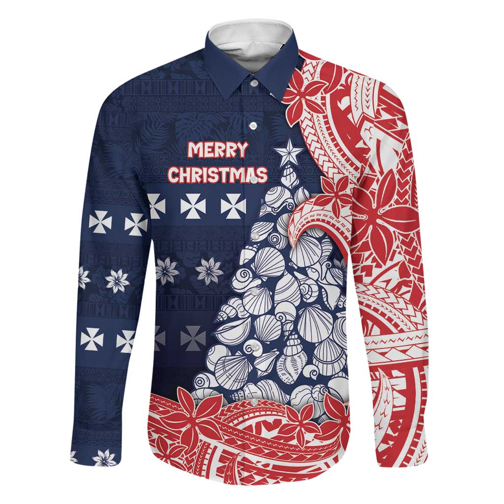 Wallis And Futuna Christmas Family Matching Off Shoulder Short Dress and Hawaiian Shirt Seashell Xmas Tree Tribal Waves DT05 Dad's Shirt - Long Sleeve Navy - Polynesian Pride