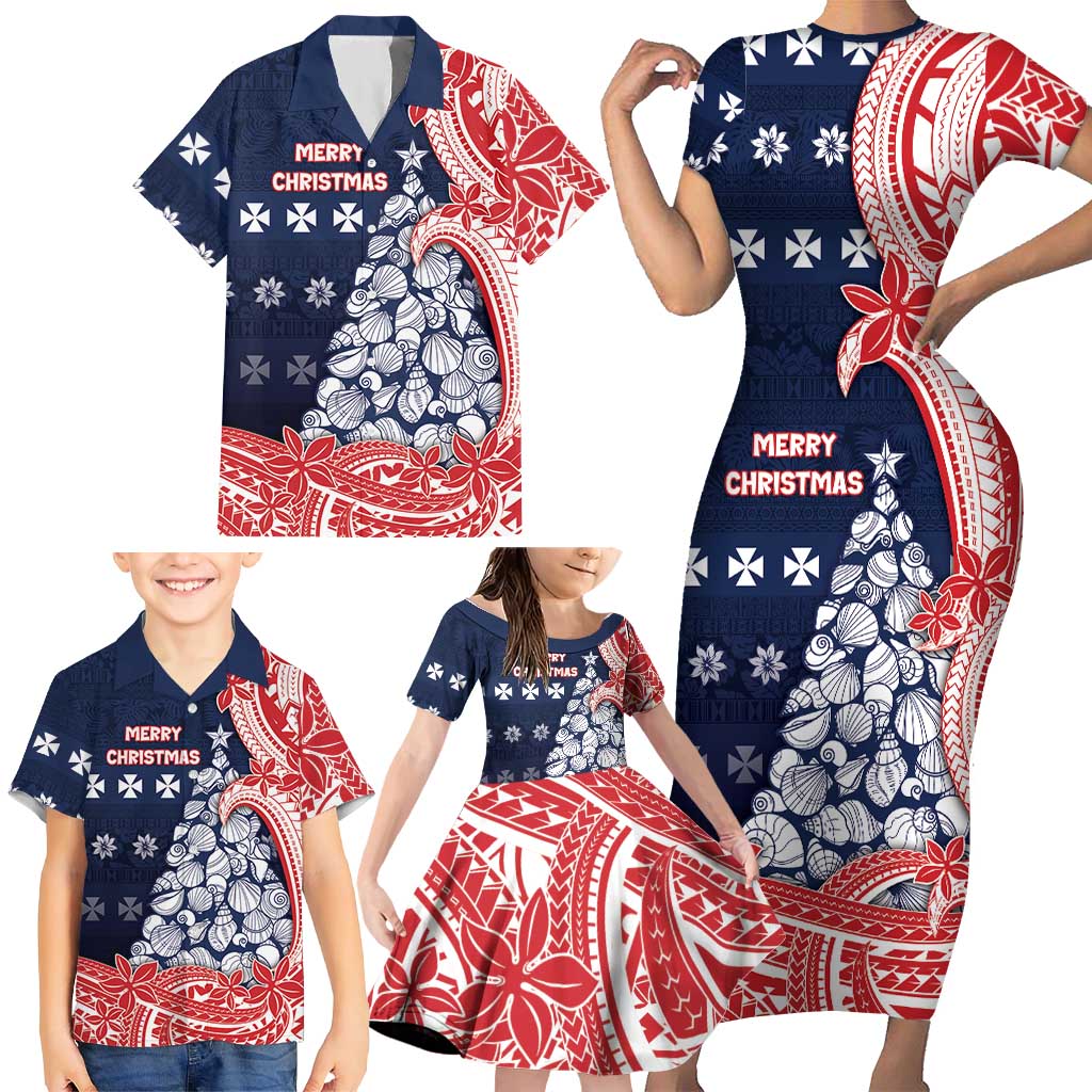 Wallis And Futuna Christmas Family Matching Short Sleeve Bodycon Dress and Hawaiian Shirt Seashell Xmas Tree Tribal Waves DT05 - Polynesian Pride