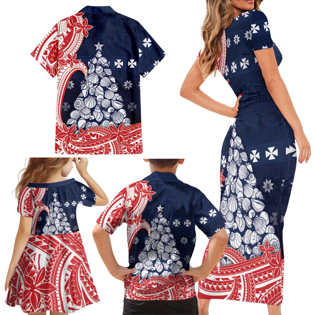 Wallis And Futuna Christmas Family Matching Short Sleeve Bodycon Dress and Hawaiian Shirt Seashell Xmas Tree Tribal Waves DT05 - Polynesian Pride