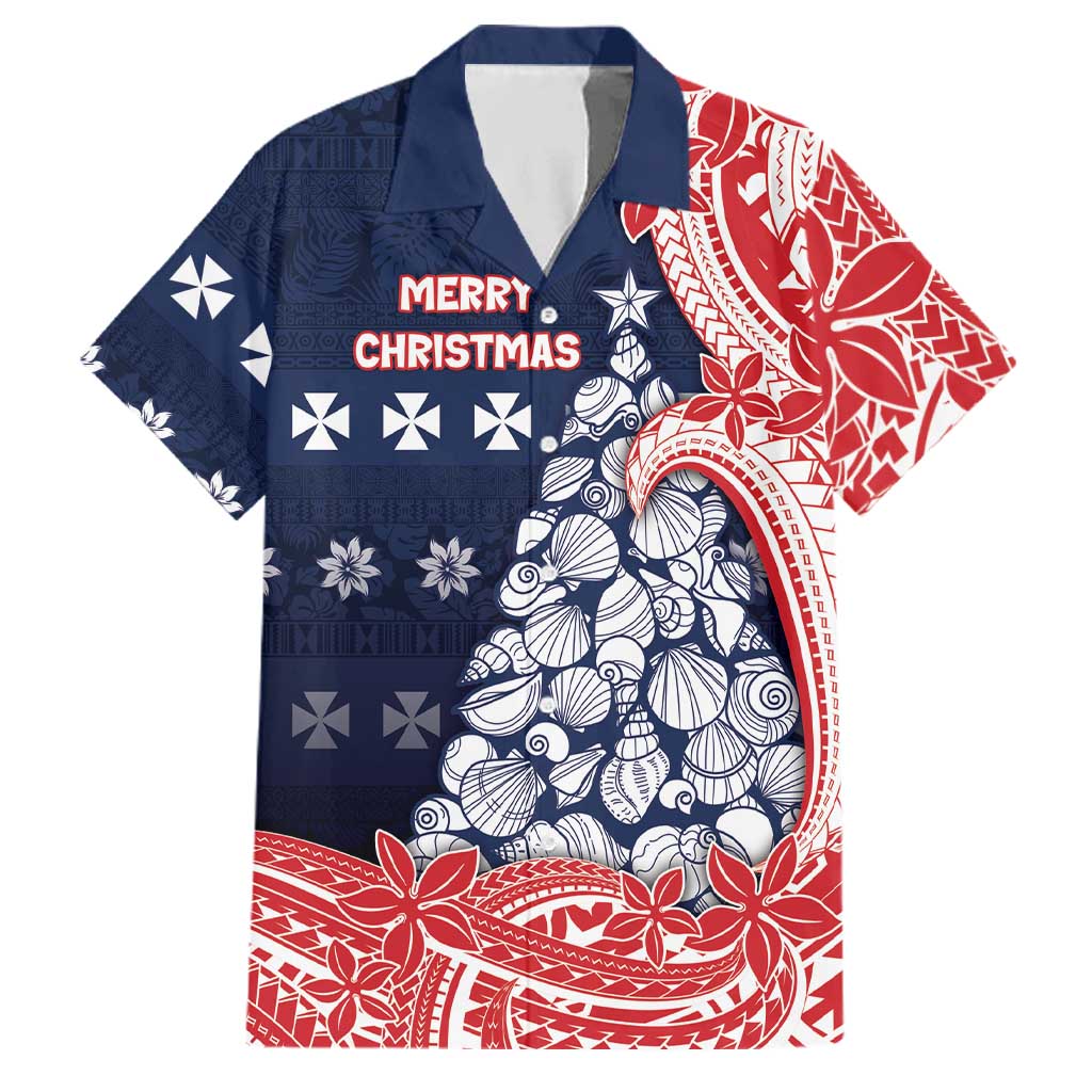 Wallis And Futuna Christmas Family Matching Summer Maxi Dress and Hawaiian Shirt Seashell Xmas Tree Tribal Waves DT05 Dad's Shirt - Short Sleeve Navy - Polynesian Pride