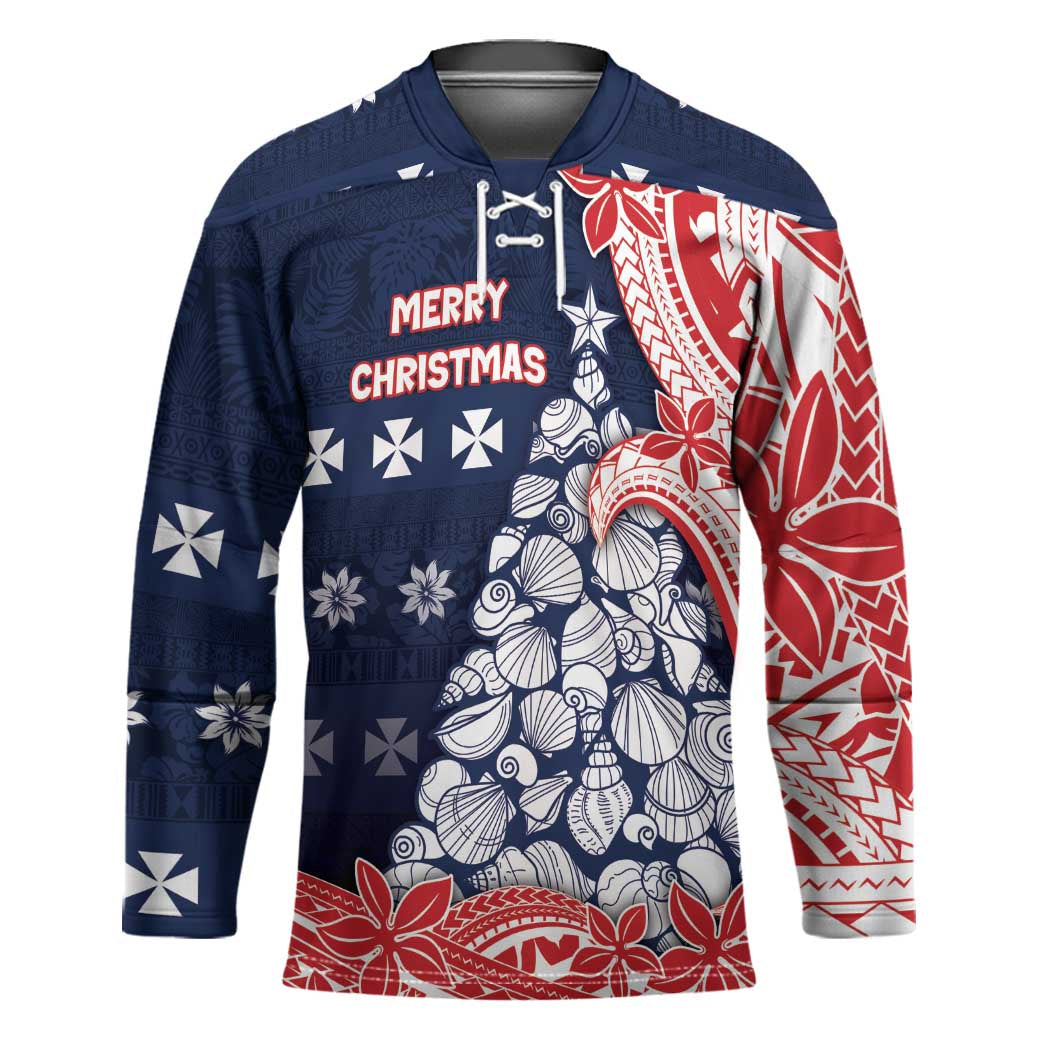 Wallis And Futuna Christmas Hockey Jersey Seashell Xmas Tree Tribal Waves - Polynesian Pride