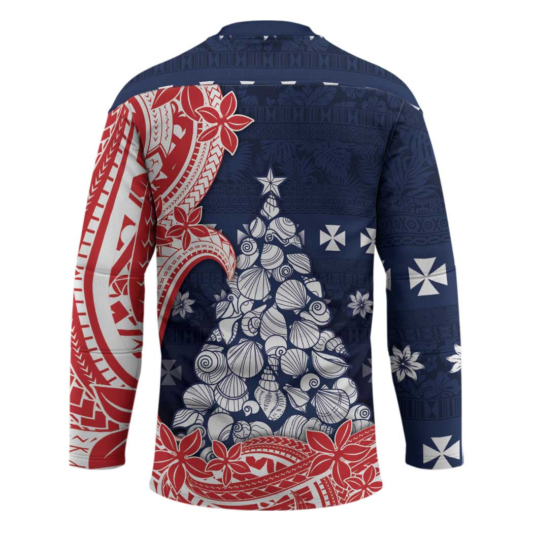 Wallis And Futuna Christmas Hockey Jersey Seashell Xmas Tree Tribal Waves - Polynesian Pride