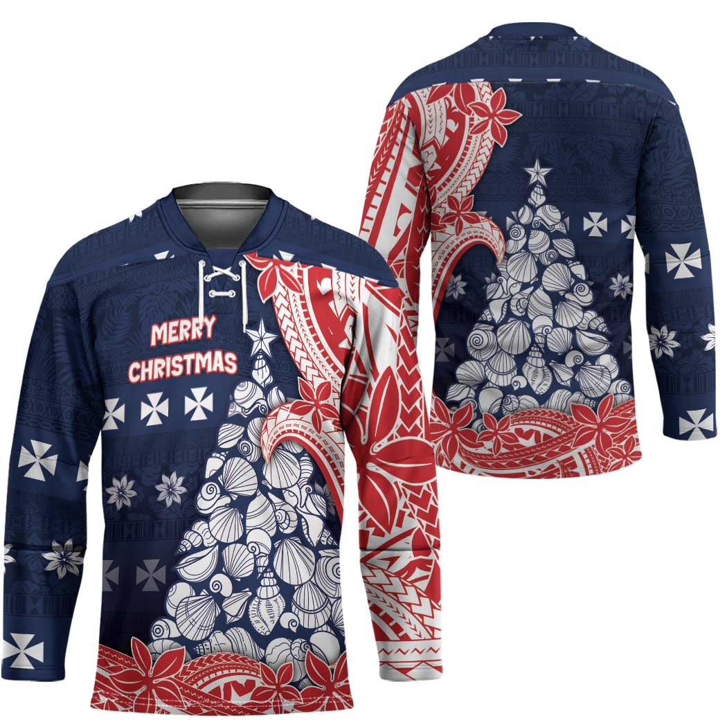 Wallis And Futuna Christmas Hockey Jersey Seashell Xmas Tree Tribal Waves - Polynesian Pride