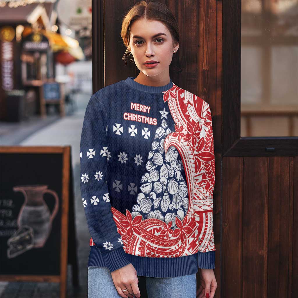 Wallis And Futuna Christmas Ugly Christmas Sweater Seashell Xmas Tree Tribal Waves - Polynesian Pride