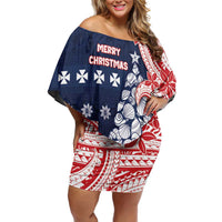 Wallis And Futuna Christmas Off Shoulder Short Dress Seashell Xmas Tree Tribal Waves DT05 Women Navy - Polynesian Pride