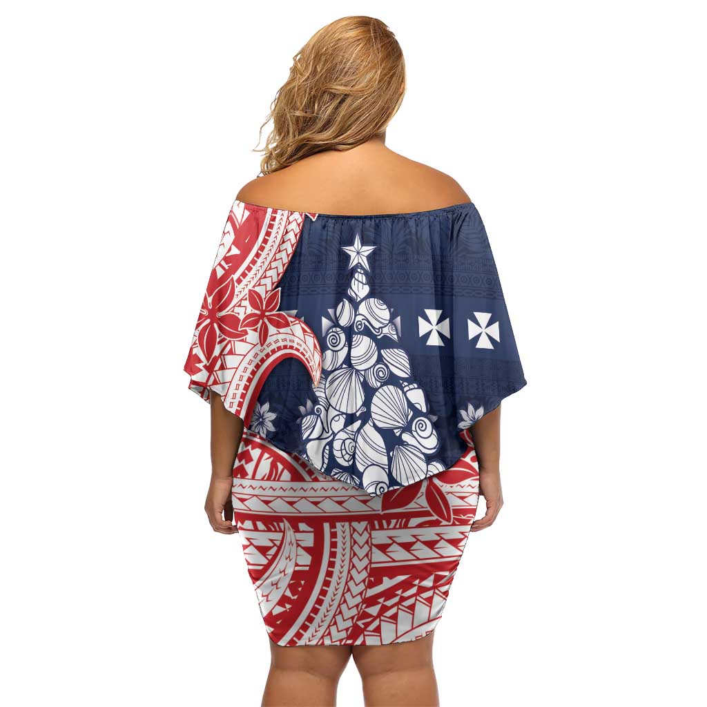 Wallis And Futuna Christmas Off Shoulder Short Dress Seashell Xmas Tree Tribal Waves DT05 - Polynesian Pride