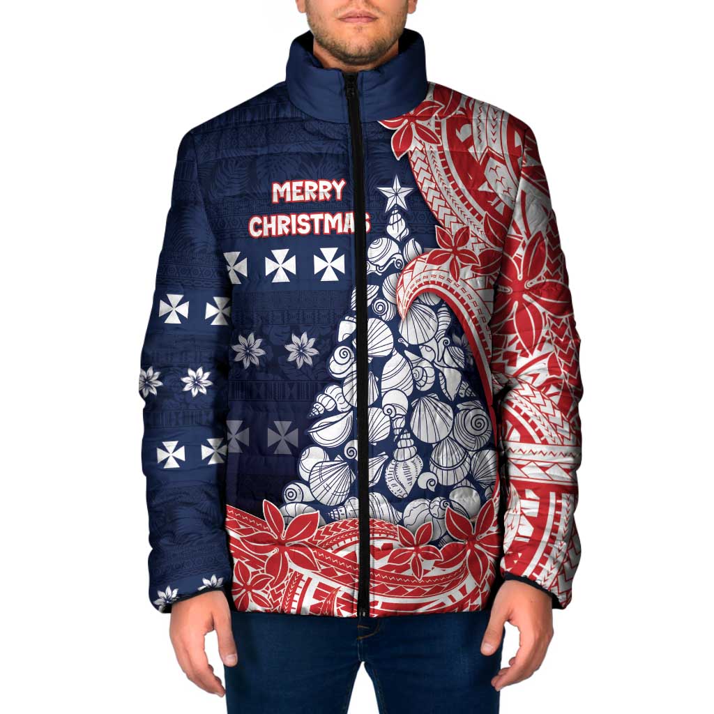 Wallis And Futuna Christmas Padded Jacket Seashell Xmas Tree Tribal Waves DT05 Men Navy - Polynesian Pride