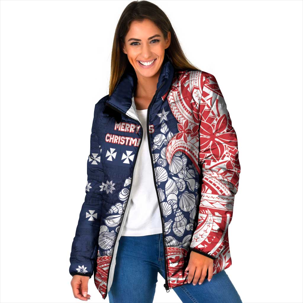 Wallis And Futuna Christmas Padded Jacket Seashell Xmas Tree Tribal Waves DT05 Women Navy - Polynesian Pride
