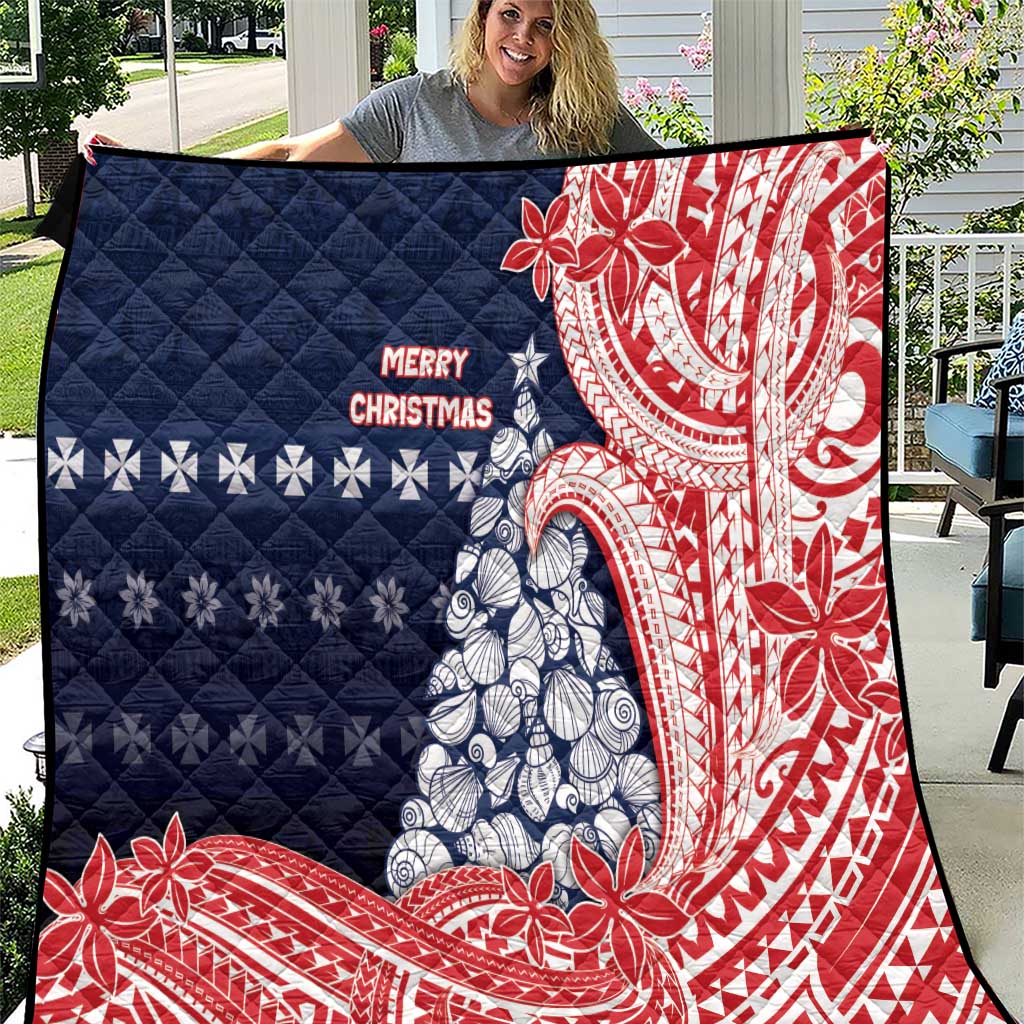 Wallis And Futuna Christmas Quilt Seashell Xmas Tree Tribal Waves DT05 Navy - Polynesian Pride