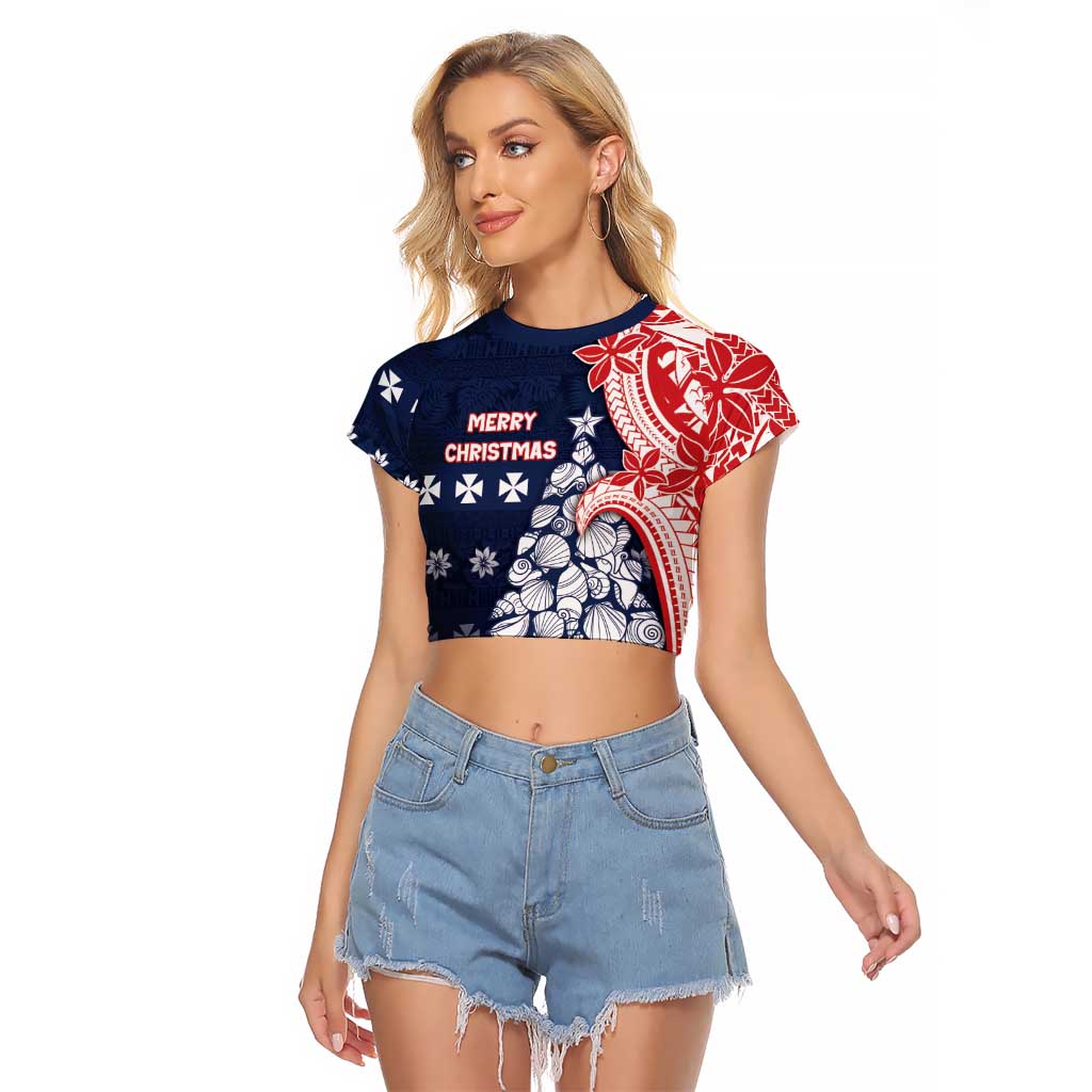 Wallis And Futuna Christmas Raglan Cropped T Shirt Seashell Xmas Tree Tribal Waves DT05 Female Navy - Polynesian Pride