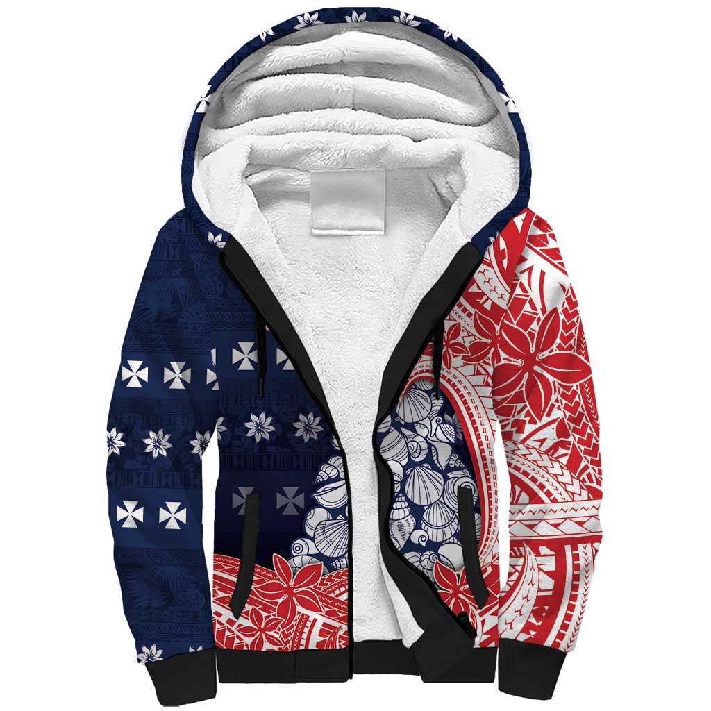 Wallis And Futuna Christmas Sherpa Hoodie Seashell Xmas Tree Tribal Waves DT05 Unisex Navy - Polynesian Pride