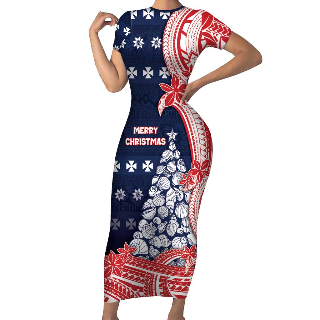 Wallis And Futuna Christmas Short Sleeve Bodycon Dress Seashell Xmas Tree Tribal Waves - Polynesian Pride
