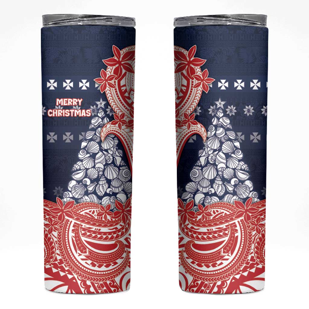 Wallis And Futuna Christmas Skinny Tumbler Seashell Xmas Tree Tribal Waves DT05 Navy - Polynesian Pride