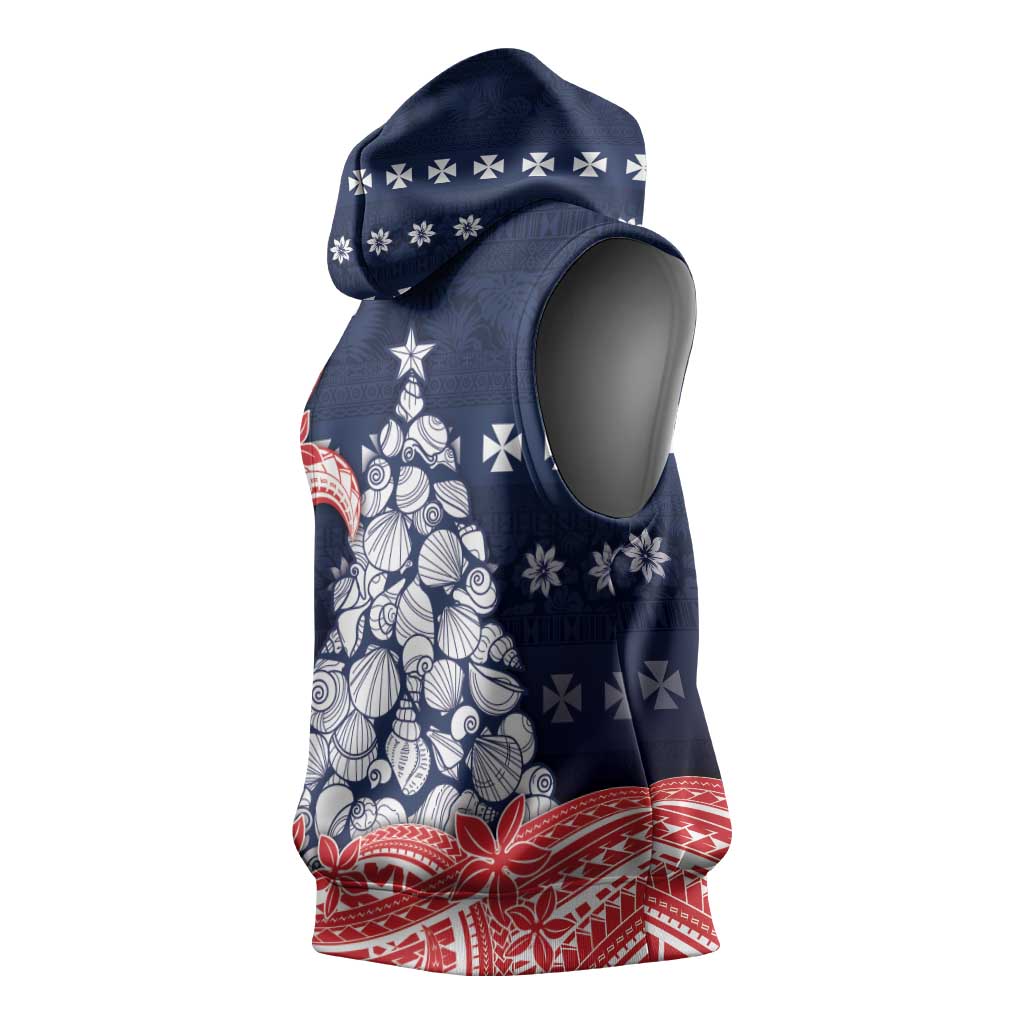 Wallis And Futuna Christmas Sleeveless Hoodie Seashell Xmas Tree Tribal Waves DT05 - Polynesian Pride