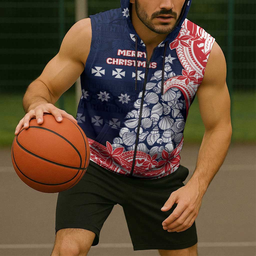 Wallis And Futuna Christmas Sleeveless Zip Hoodie Seashell Xmas Tree Tribal Waves - Polynesian Pride