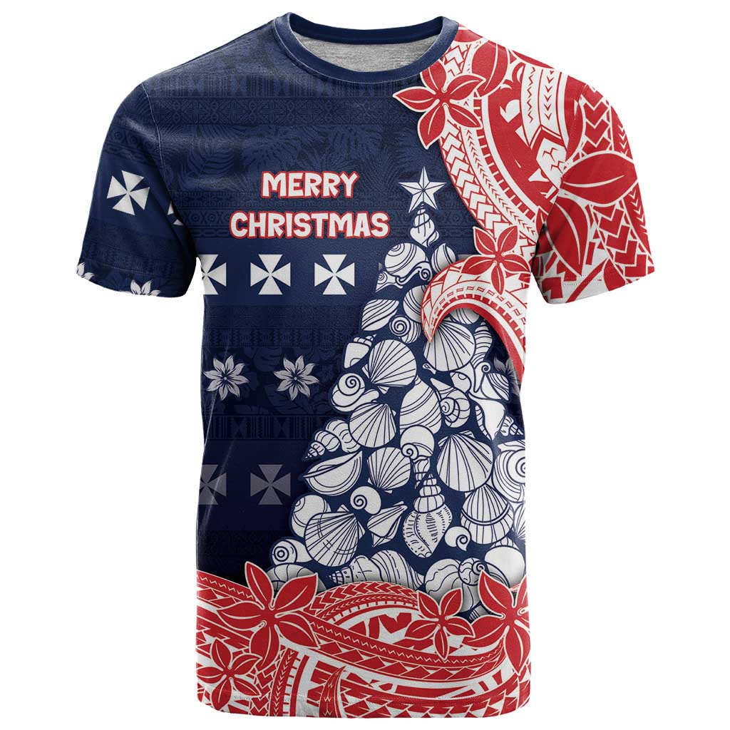 Wallis And Futuna Christmas T Shirt Seashell Xmas Tree Tribal Waves DT05 Navy - Polynesian Pride