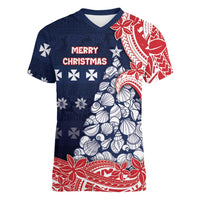Wallis And Futuna Christmas Women V-Neck T-Shirt Seashell Xmas Tree Tribal Waves DT05 Female Navy - Polynesian Pride