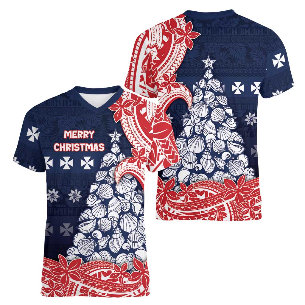 Wallis And Futuna Christmas Women V-Neck T-Shirt Seashell Xmas Tree Tribal Waves DT05 - Polynesian Pride