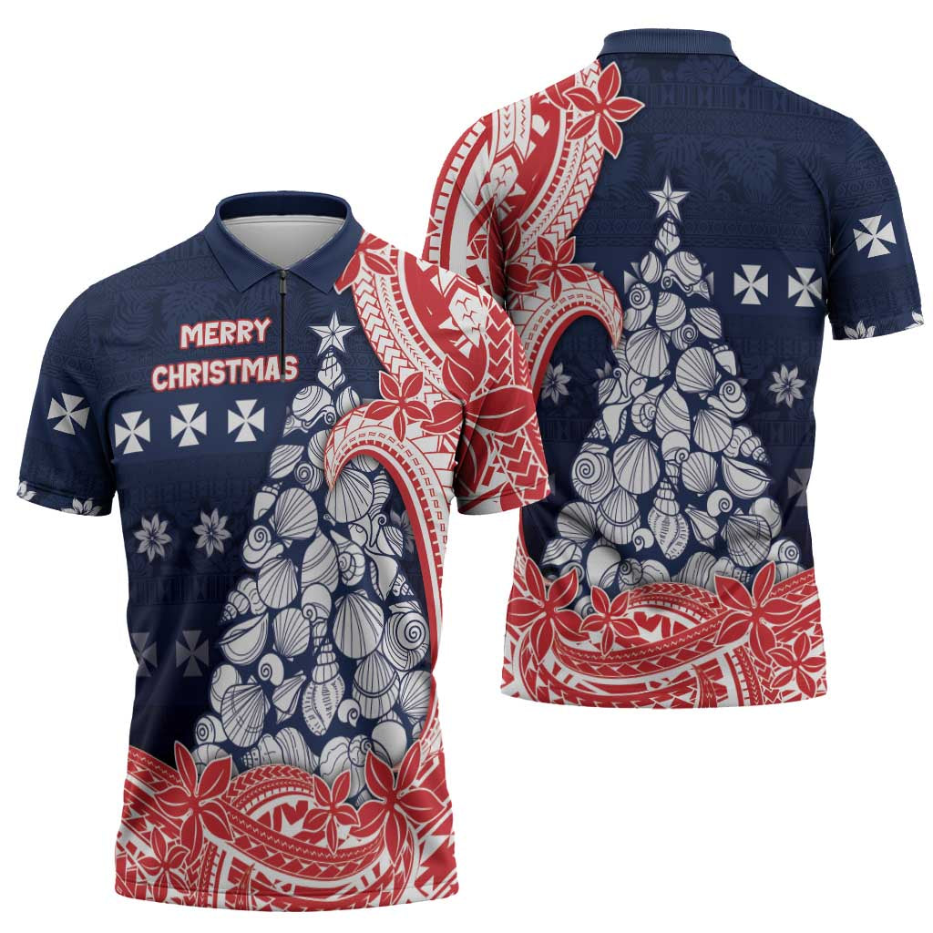 Wallis And Futuna Christmas Zipper Polo Shirt Seashell Xmas Tree Tribal Waves DT05 - Polynesian Pride