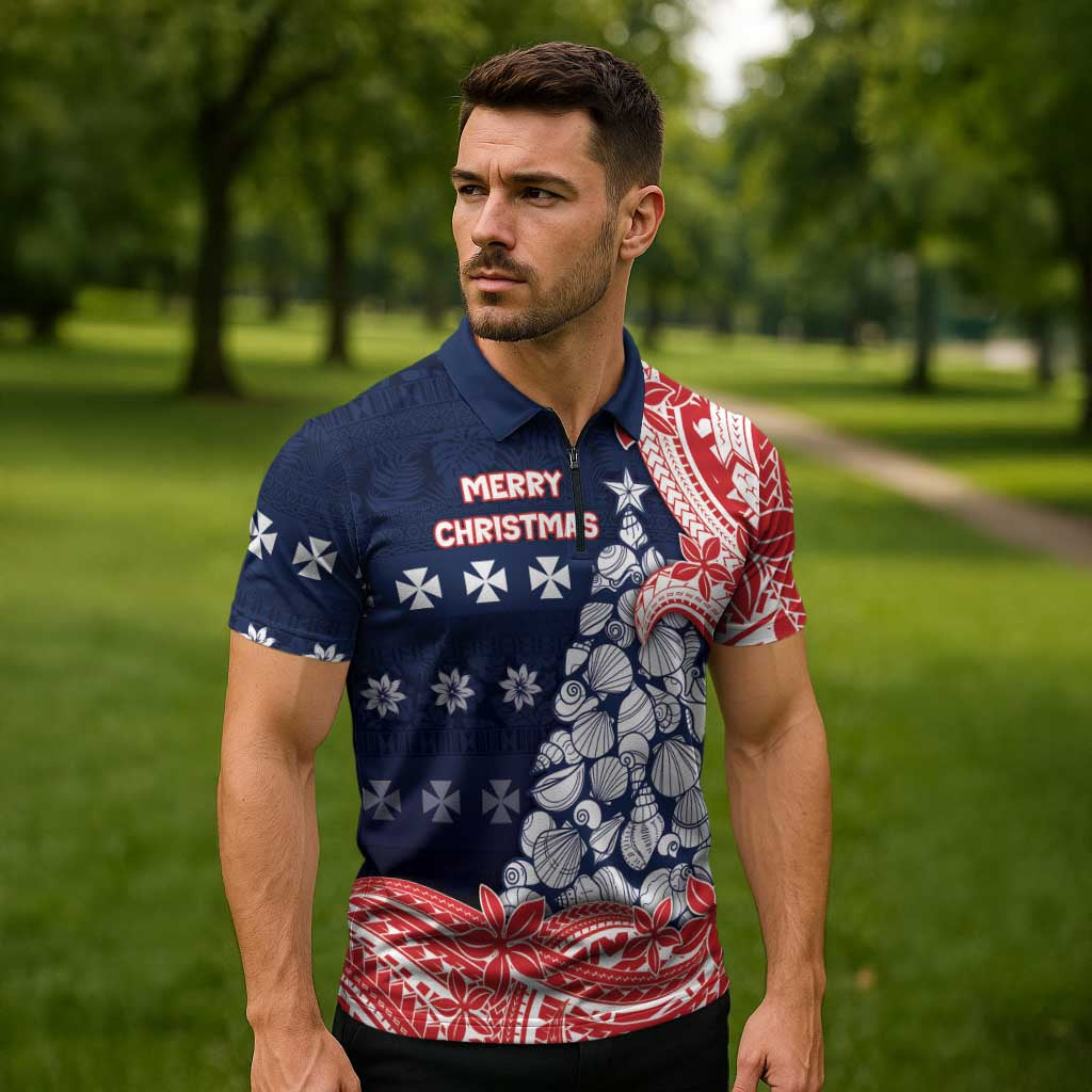 Wallis And Futuna Christmas Zipper Polo Shirt Seashell Xmas Tree Tribal Waves DT05 - Polynesian Pride