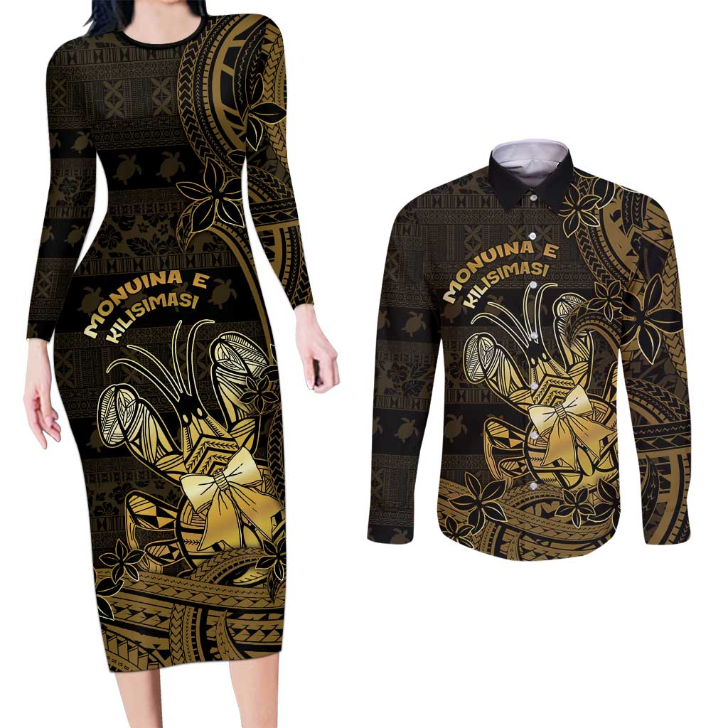 Niue Christmas Couples Matching Long Sleeve Bodycon Dress and Long Sleeve Button Shirt Niuean Crab Xmas Tribal Waves DT05 Gold - Polynesian Pride