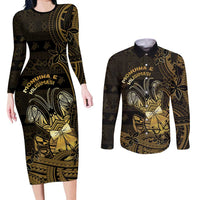 Niue Christmas Couples Matching Long Sleeve Bodycon Dress and Long Sleeve Button Shirt Niuean Crab Xmas Tribal Waves DT05 Gold - Polynesian Pride