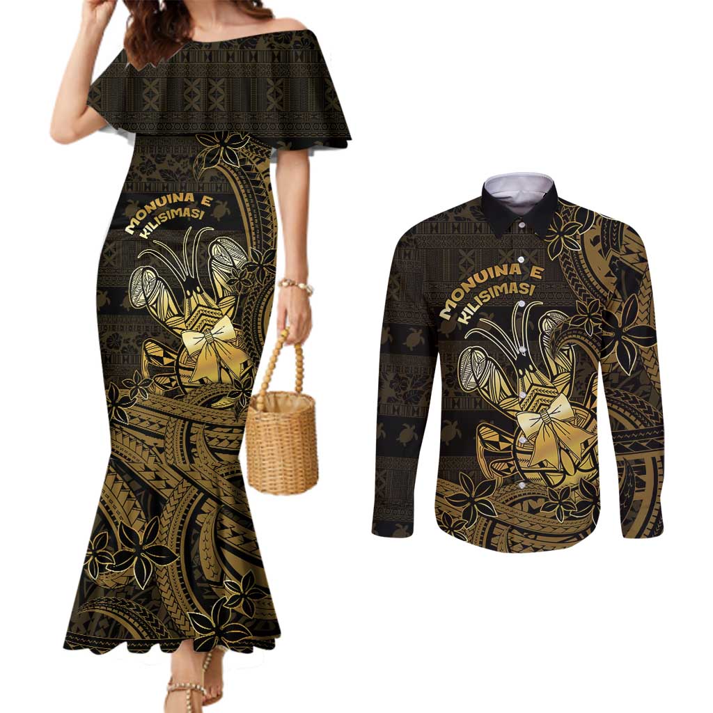 Niue Christmas Couples Matching Mermaid Dress and Long Sleeve Button Shirt Niuean Crab Xmas Tribal Waves DT05 Gold - Polynesian Pride