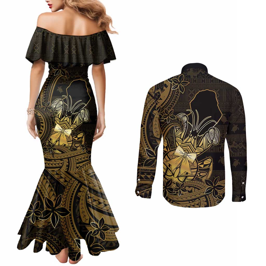 Niue Christmas Couples Matching Mermaid Dress and Long Sleeve Button Shirt Niuean Crab Xmas Tribal Waves DT05 - Polynesian Pride