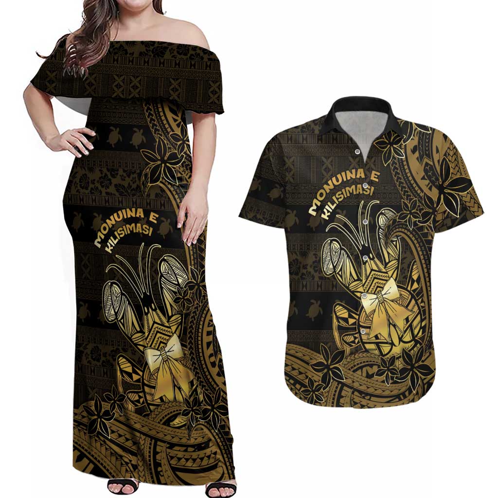 Niue Christmas Couples Matching Off Shoulder Maxi Dress and Hawaiian Shirt Niuean Crab Xmas Tribal Waves - Polynesian Pride