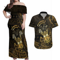 Niue Christmas Couples Matching Off Shoulder Maxi Dress and Hawaiian Shirt Niuean Crab Xmas Tribal Waves DT05 Gold - Polynesian Pride