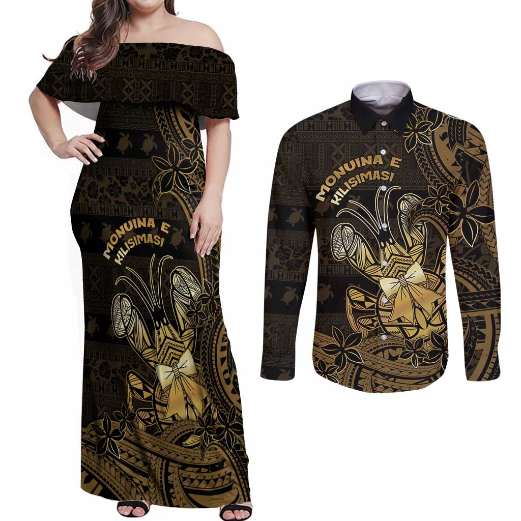 Niue Christmas Couples Matching Off Shoulder Maxi Dress and Long Sleeve Button Shirt Niuean Crab Xmas Tribal Waves DT05 Gold - Polynesian Pride