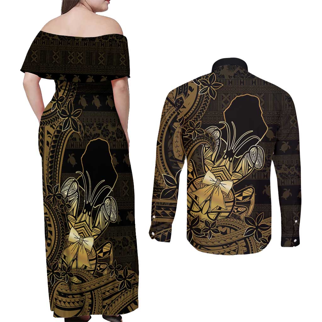 Niue Christmas Couples Matching Off Shoulder Maxi Dress and Long Sleeve Button Shirt Niuean Crab Xmas Tribal Waves DT05 - Polynesian Pride