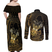 Niue Christmas Couples Matching Off Shoulder Maxi Dress and Long Sleeve Button Shirt Niuean Crab Xmas Tribal Waves DT05 - Polynesian Pride