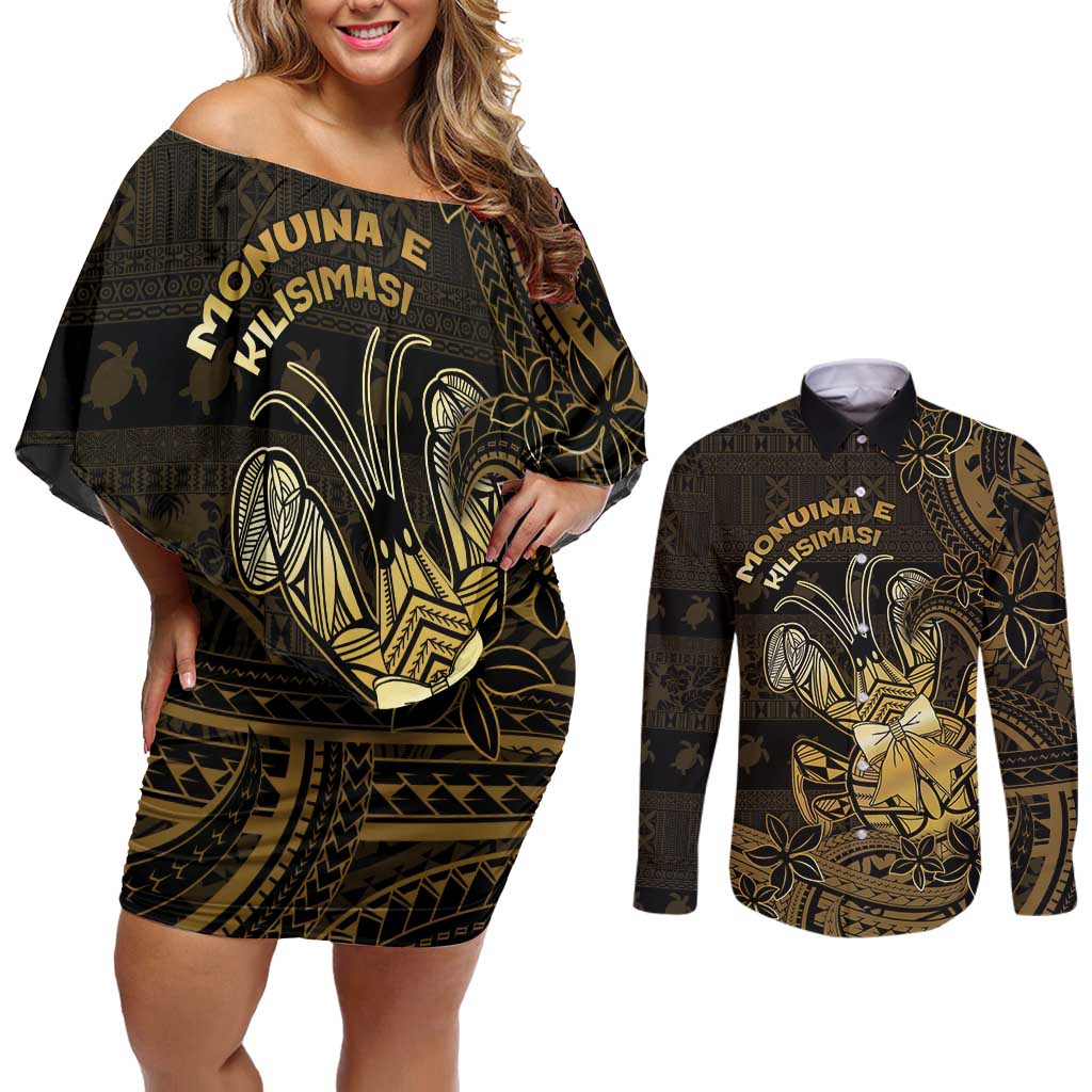 Niue Christmas Couples Matching Off Shoulder Short Dress and Long Sleeve Button Shirt Niuean Crab Xmas Tribal Waves - Polynesian Pride