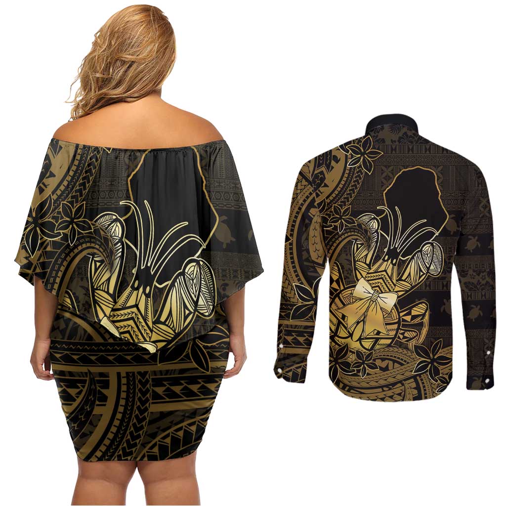 Niue Christmas Couples Matching Off Shoulder Short Dress and Long Sleeve Button Shirt Niuean Crab Xmas Tribal Waves DT05 - Polynesian Pride