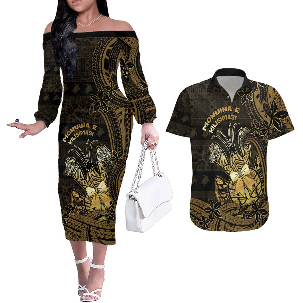 Niue Christmas Couples Matching Off The Shoulder Long Sleeve Dress and Hawaiian Shirt Niuean Crab Xmas Tribal Waves DT05 Gold - Polynesian Pride